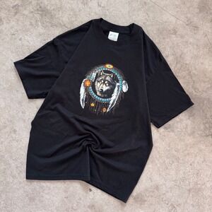 Vintage Y2K Nature Wolf Graphic Tee Native American Style‎ Black Large